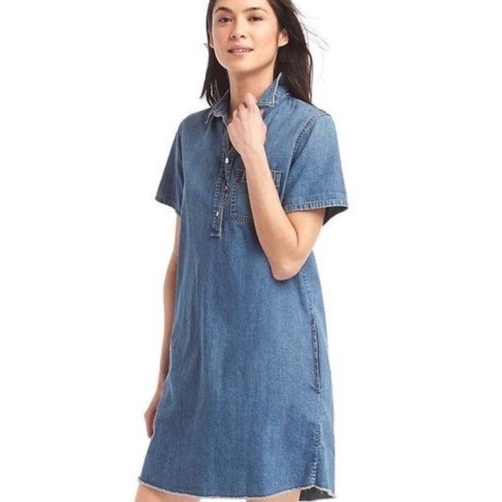 Gap 1969 Popover Denim Shirt Dress Womens Medium Tall Raw Hem Pockets
